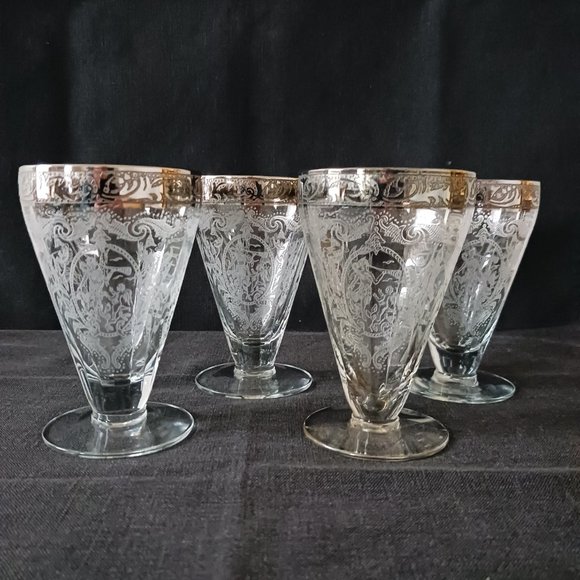 4 Footed 4 Oz Cocktail Juice Tumblers Lotus Glass Springtime Etching Venus Cupid - Picture 1 of 6